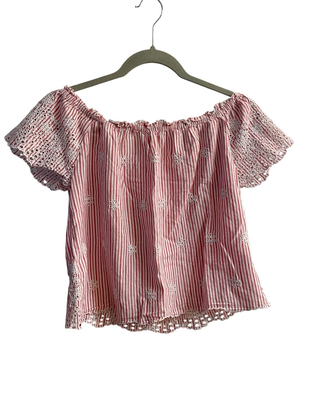 Hollister Cotton Red White Stripe Eyelet Off Shoulder Top Medium Cottagecore
